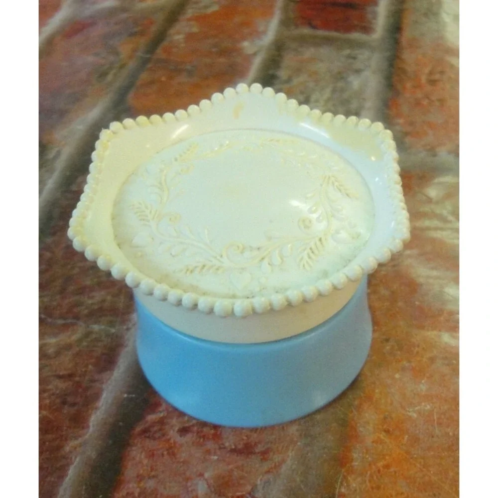 vintage Avon blue milk glass cream container etched lid beauty fragrance perfume